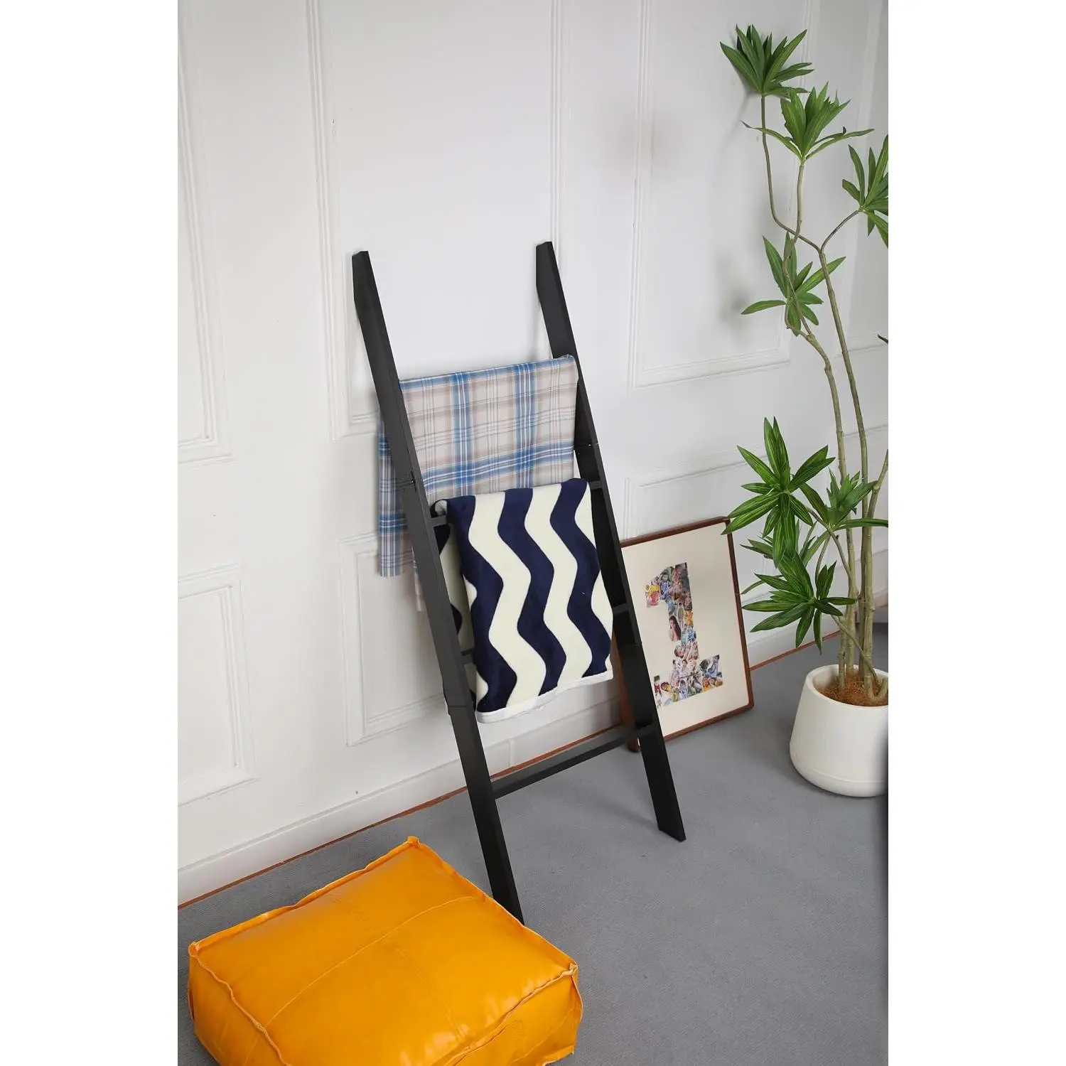 Blanket Ladder for Living Room and Bedroom, 4ft 4-Tier Wall Leaning Laminate Snag Free Construction (Black) Rustic Decorative  Blanket Storage, Quilt Rack, Ladder Shelf, Easy Assembly