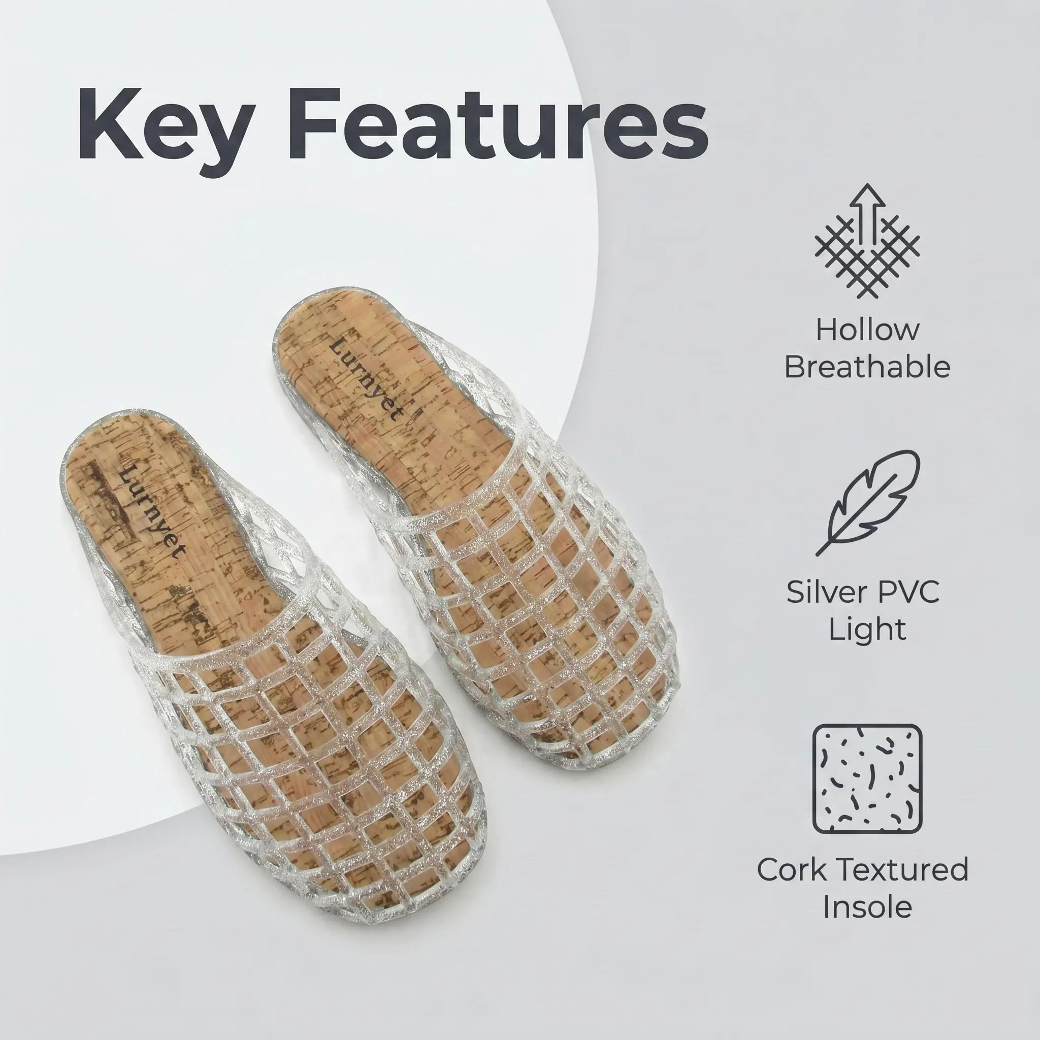 Women's Shinehoom Sparkly Silver Mesh Jelly Mule Slippers - Closed Toe, Grid Hollow, Breathable, Soft Cork Insole, Summer House Slides, Indoor/Outdoor Wear