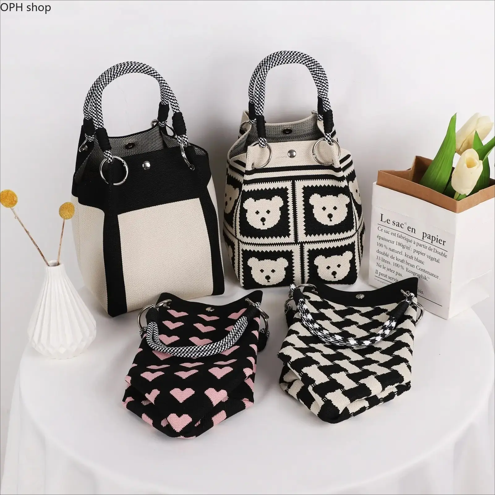 Cute Floral Knitted Polyester Tote Bag for Women Girls, Casual Bowknot Handbag with Ring Buckle and a Small Pink Flower
