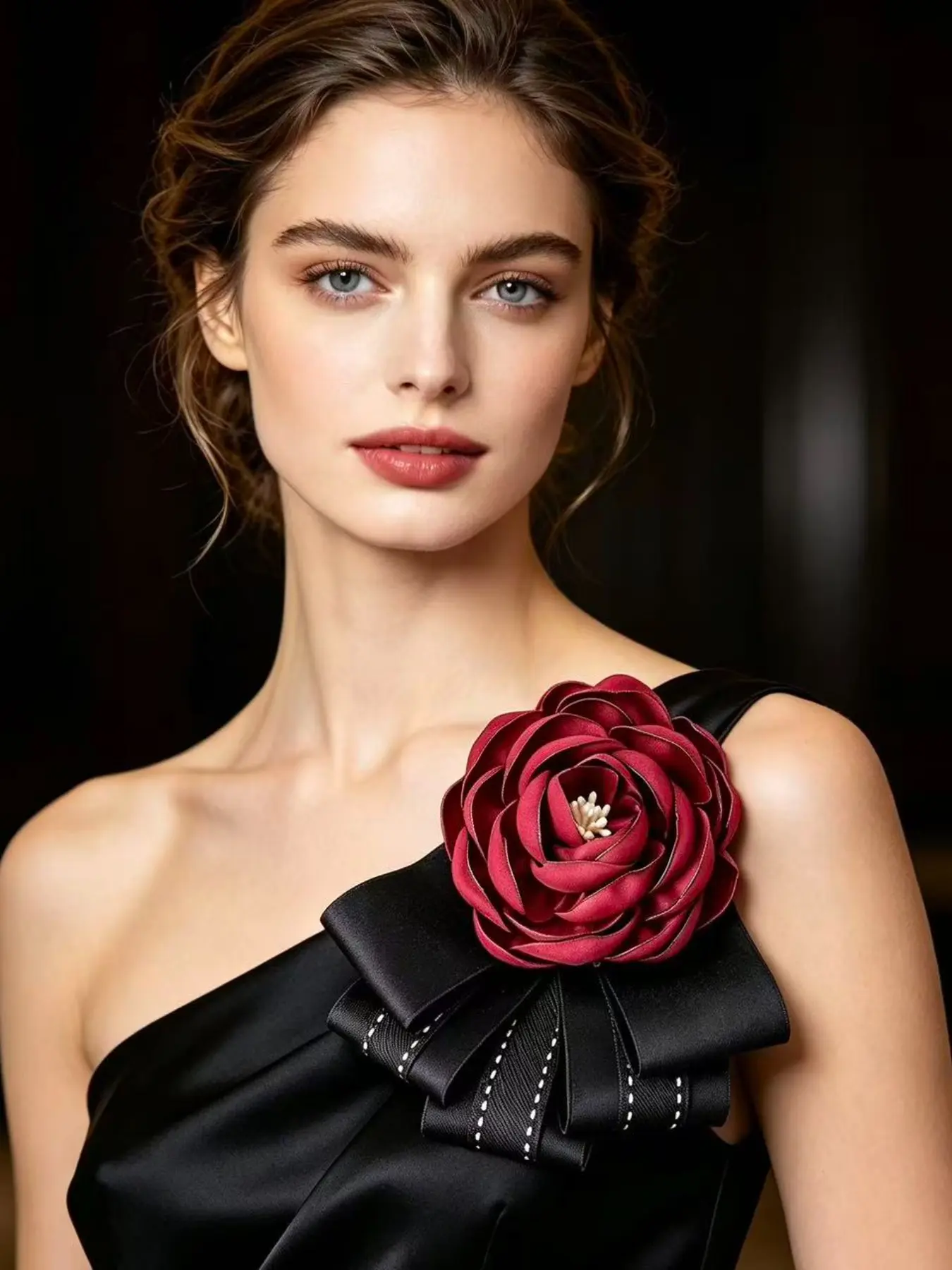 Women Satin Floral Bow Tie, Handmade Red Rose Brooch Pin for Evening Dress Wedding Party Formal Outfit Accessories