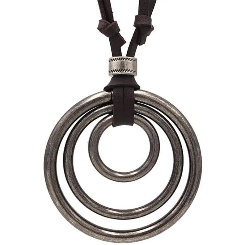 Leather Necklace for Men Double Circle Rings Leather Rope Pendant Necklace Punk Leather Chain Disc Ring Necklace