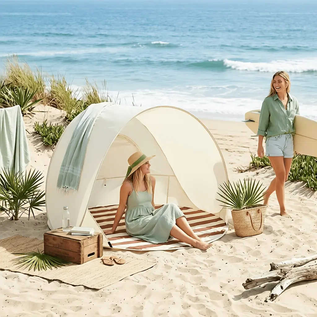 Automatic Pop-Up Portable Beach Sunshade 2-Second Quick Setup Double Outdoor Tent with Storage Bag Suitable for Beach Picnic Park Camping Family Leisure Use Sun Protection Windproof Lightweight Easy to Carry