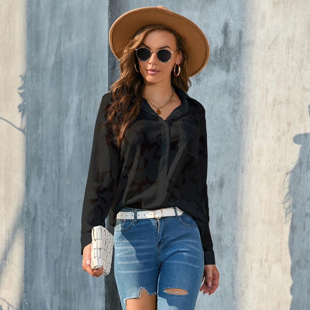 BIGWIG Women's White Elegant Sheer Blouse, Long-Sleeved Jacquard Collar Button-Down Top, Loose-Fitting Shirt, Casual Long-Sleeved Chiffon Blouse, Spring/Summer Outfit