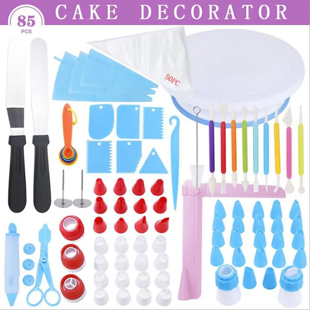 Cake Decoration Tool Set, Cake Decorating Kit, 85-Piece Baking Kit with Turntable, Leveler, Piping Tips, Sugar Scraper, Ideal for Beginners