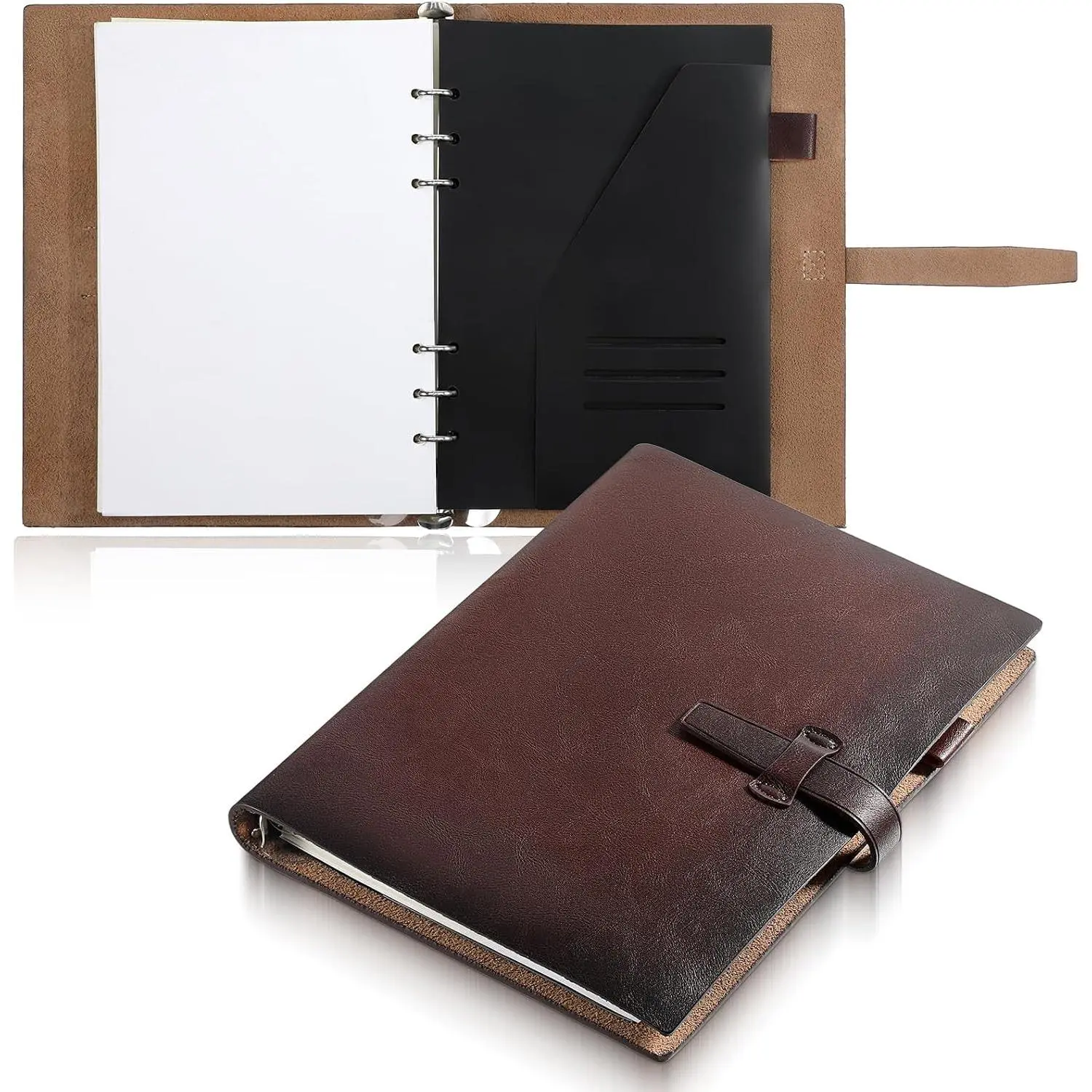 Refillable A5 Leather Binder Notebook, 6-Ring Metal Binder Genuine Leather Journal with Pocket, Card Slots, Pen Holder, Removable 80 Sheets(160 Pages) Lined Paper, Reusable Planner for Writing Daily