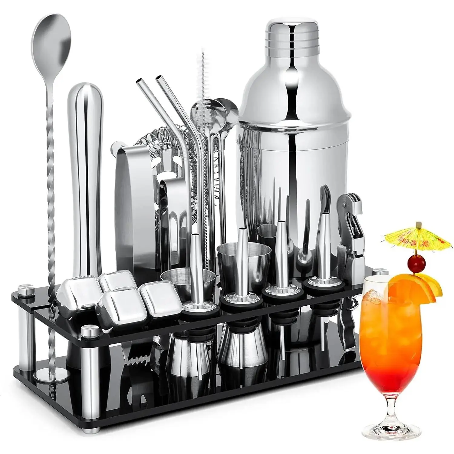 Cocktail Shaker Set, 23-Piece Stainless Steel Bartender Kit with Acrylic Stand & Cocktail Recipes Booklet, Professional Bar Tools for Drink Mixing, Home, Bar, Party (Include 4 Whiskey Stones) Utensils Cup