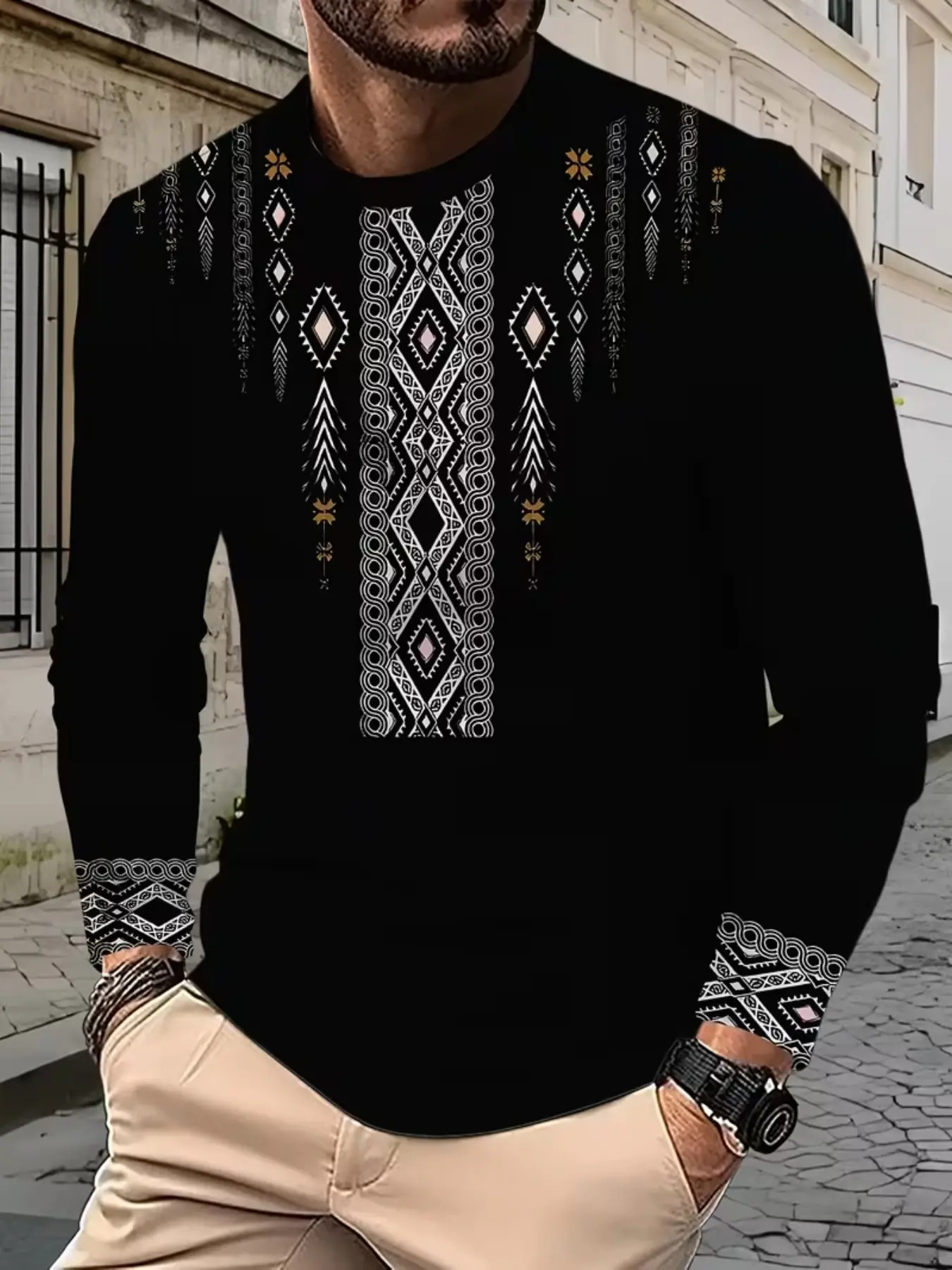 Vintage Bohemian Tribal Print Men's Long Sleeve T-Shirt, Fitted Casual Top with Vertical Rhombus Pattern, All-Season Unlined Shirt