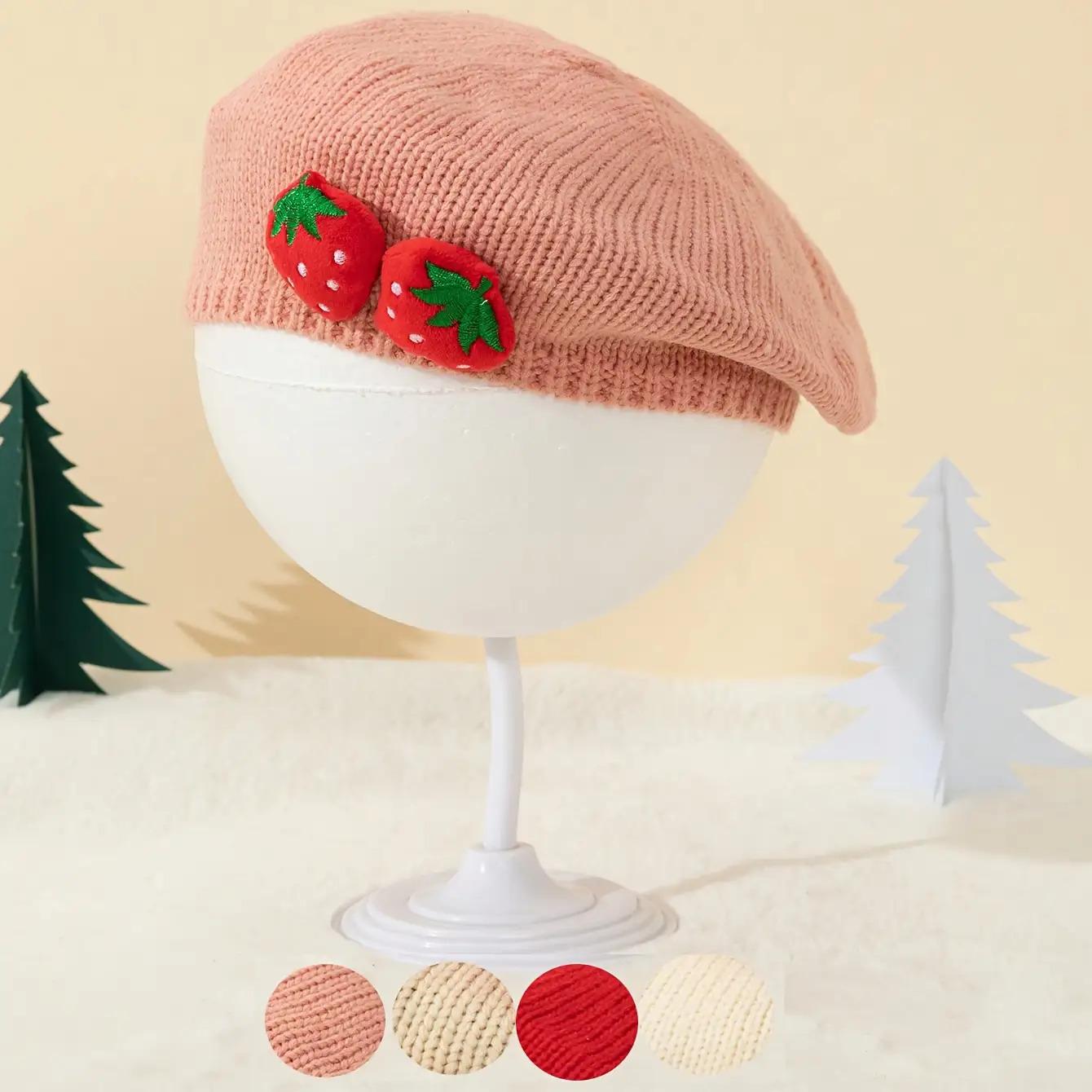Girls' Strawberry Knit Beret Hat - Stretchy Lightweight Winter Hat with Red Strawberries, Soft Pastel Colors (Pink, Yellow, Green, Blue, Purple) - Christmas, Thanksgiving, New Year Party Outfit - for Ages 3- - Easy-Care Kids' Formal & Everyday Winter Acce