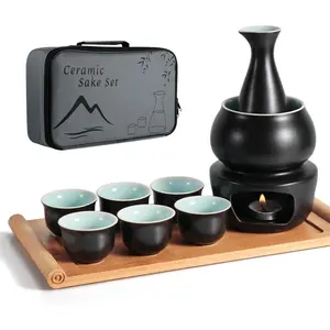 Ceramic Sake Set with Warmer Pot Tray, Stovetop Porcelain Pottery Hot Saki Drink Bottle, 10pcs Set 1 Stove 1 Warming Bowl 1 Sake Bottle 1 Tray 6 Cup Keep Sake Storage Box (Black)