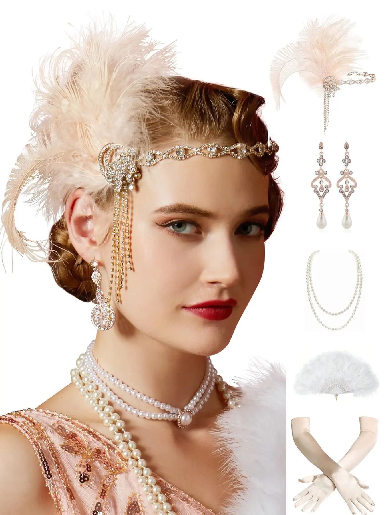 5PCS/SET 1920s Flapper Headband Roaring 20s Gatsby Headpiece Black Feather Headband Fashion Headbands 1920s Flapper Hair Accessories,Equipped with a necklace, earrings and gloves