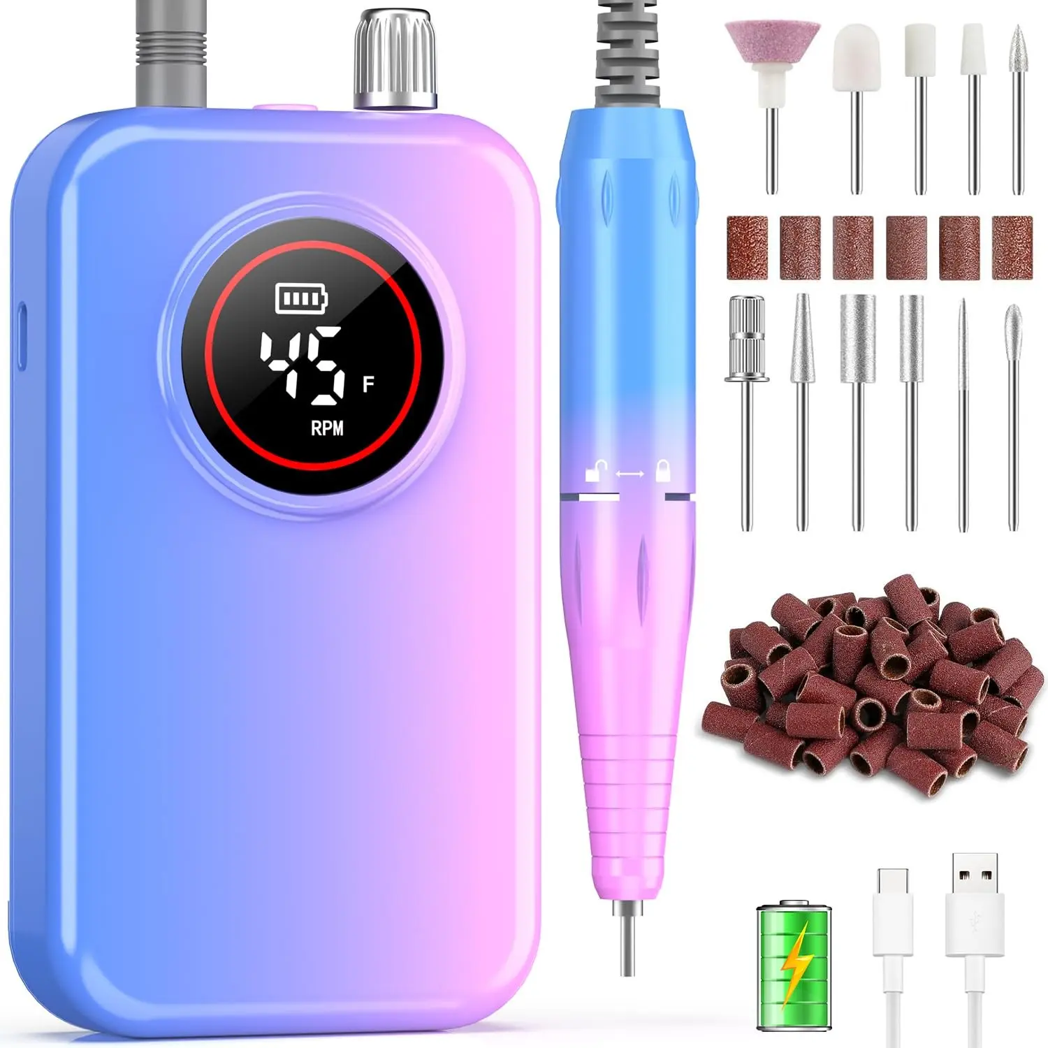 Nail Drill Professional, 45000 RPM Rechargeable Electric Nail File Kit for Acrylic & Gel Nails, Portable Manicure Pedicure Tool for DIY Home or Salon, with 11 Nail Drill Bits & Sanding Band Set