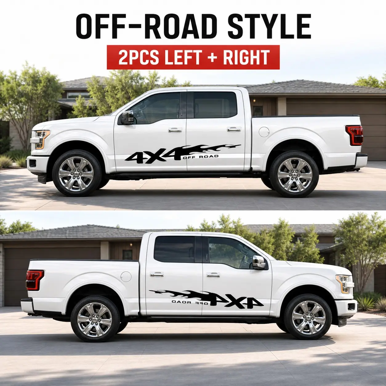 Make your truck stand out with this 4x4 Off Road side decal! Perfect for pickups and SUVs, this vinyl decal adds a sporty flame design that screams off-road adventure. Waterproof weatherproof, left and right pair included. Easy to apply, lasts long
