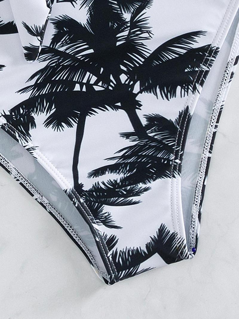 Women's Summer Beach Palm Tree Print Knot Front One Piece Swimsuit High Waisted Bathing Suit, Plants Print Swimsuit, Leaf Print Swimsuit
