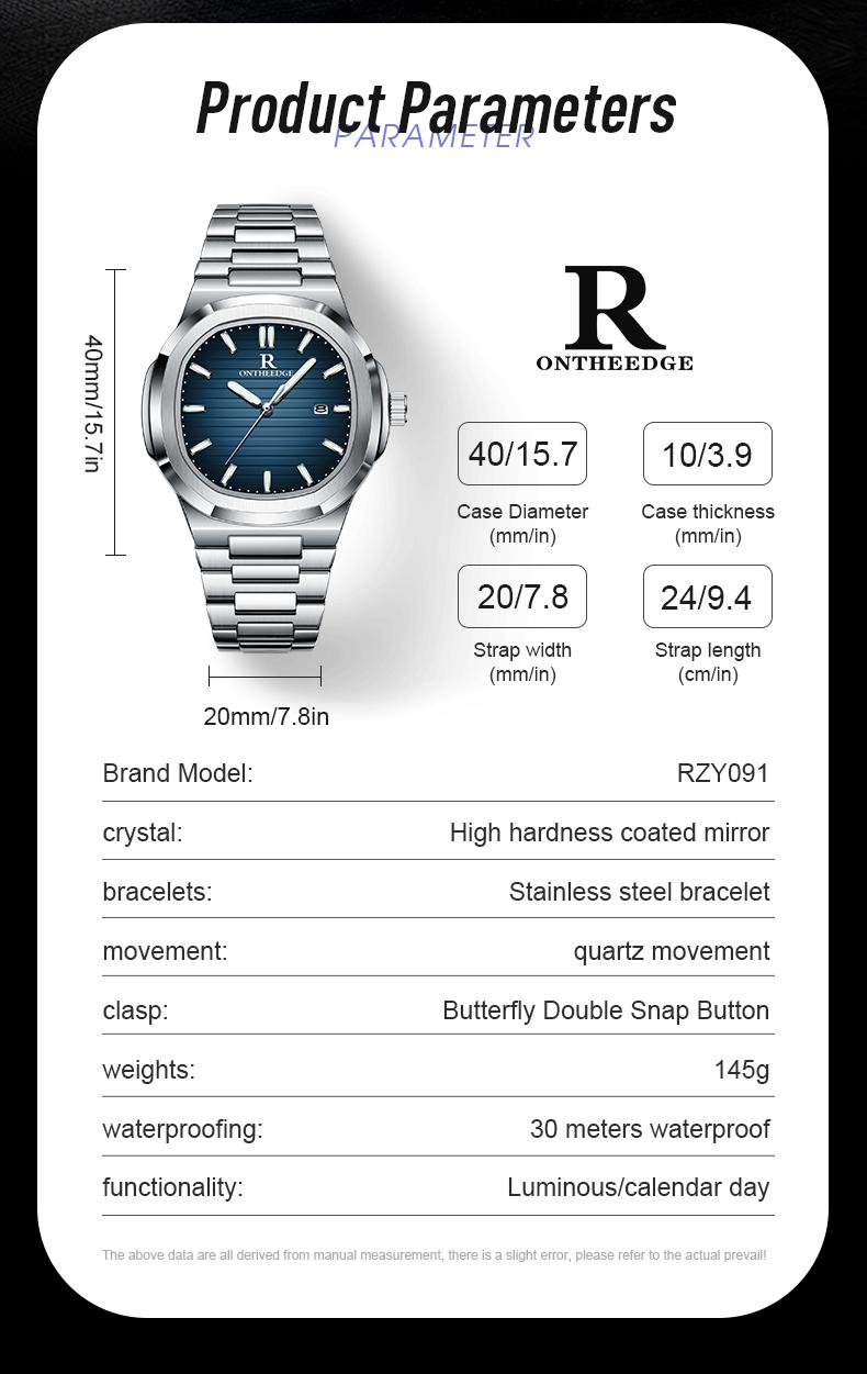 Men's Luxury Square Blue Dial Quartz Watch - Stainless Steel Wristwatch with Date, Luminous Hands, Waterproof, Classic Business Casual Dress Watch, Perfect Gift for Husband Dad