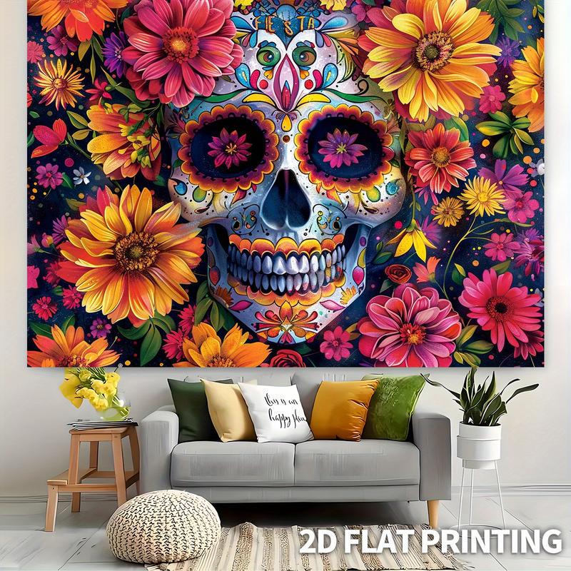 1pc Large Sugar Skull Floral Party Banner - Vibrant Mexican Day of the Dead Decoration with Floral Patterns, Extra Long Backdrop for Halloween, Dia de los Muertos, Wedding, Birthday, Home Decor - Easy Hang No Electricity Needed - Durable Polyester Fabric,