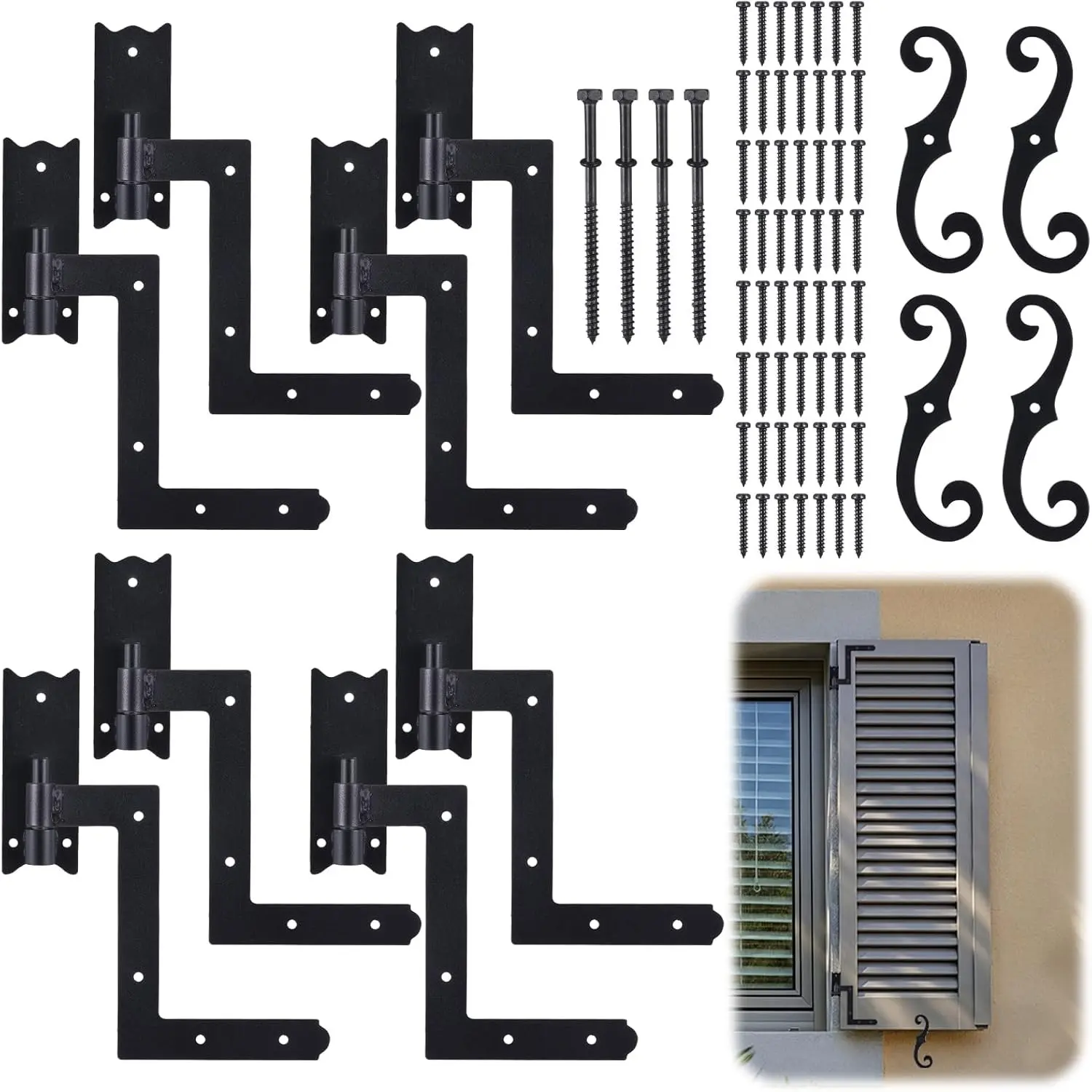Black Shutter Hinges and S Holdback Hooks with Attachment Hardware Metal 6.5" Shutter Dog Holders and 1-1/16" Blind Shutters Hinges for Heavy Duty Wood Frame, Brick, Doors, Window(2 Set)