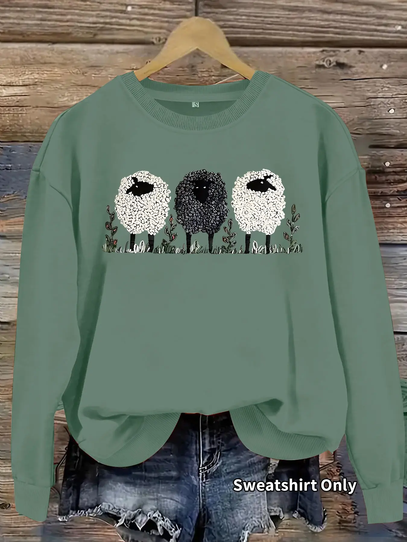 Women's Casual Sheep Pattern Sweatshirt, Soft Long Sleeve Round Neck Thin Hoodie, Comfortable All Seasons, Durable Fabric