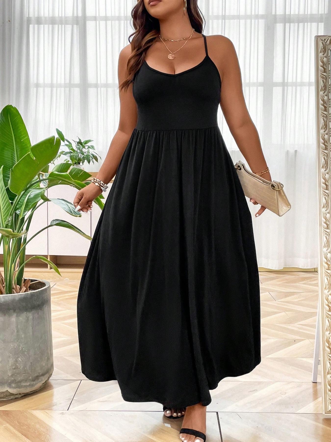 Plus Size Criss Cross Backless Cami Dress, Casual Solid Sleeveless Spaghetti Strap A-Line Dress for Summer, Women's Clothes for Party Holiday Womenswear Plus Size Criss Cross Backless Cami Dress, Casual Solid Sleeveless Spaghetti Strap A-Line Dress for Summer, Women's Clothes for Party Holiday Womenswear