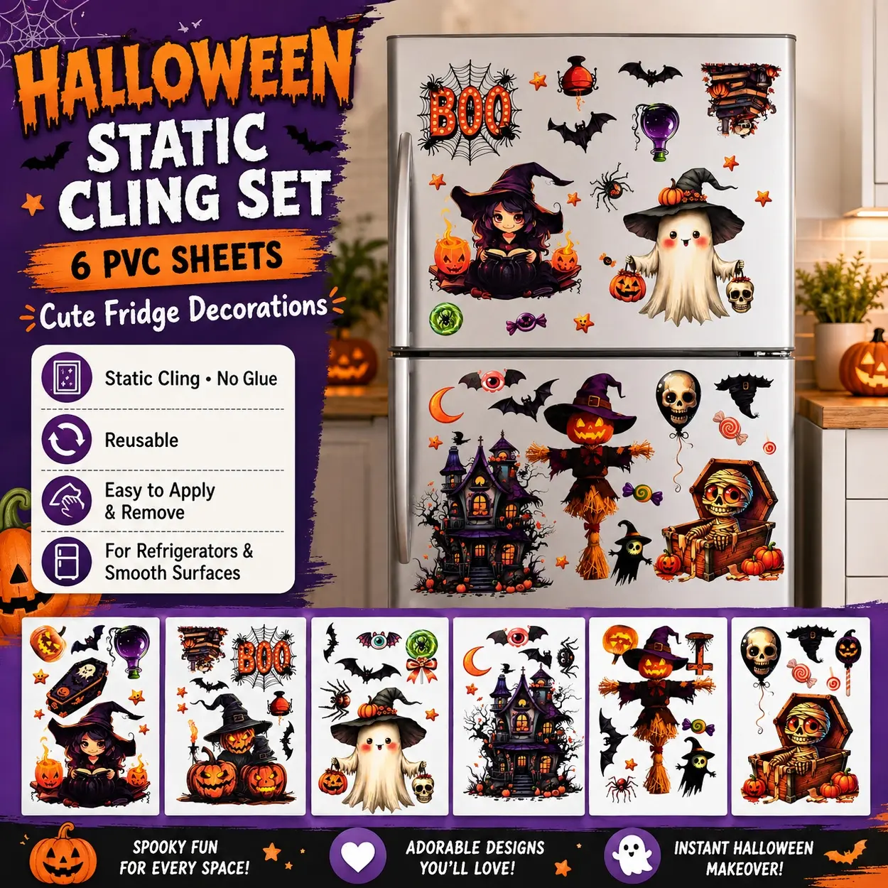 6PCS Halloween Static Cling Window Decorations Set, PVC Sheets Cute Ghost Bat Pumpkin Witch Haunted House Window Clings for Glass Doors, Reusable No Glue Window Decals for Home School Office Classroom Halloween Party Decorations and Holiday Decor