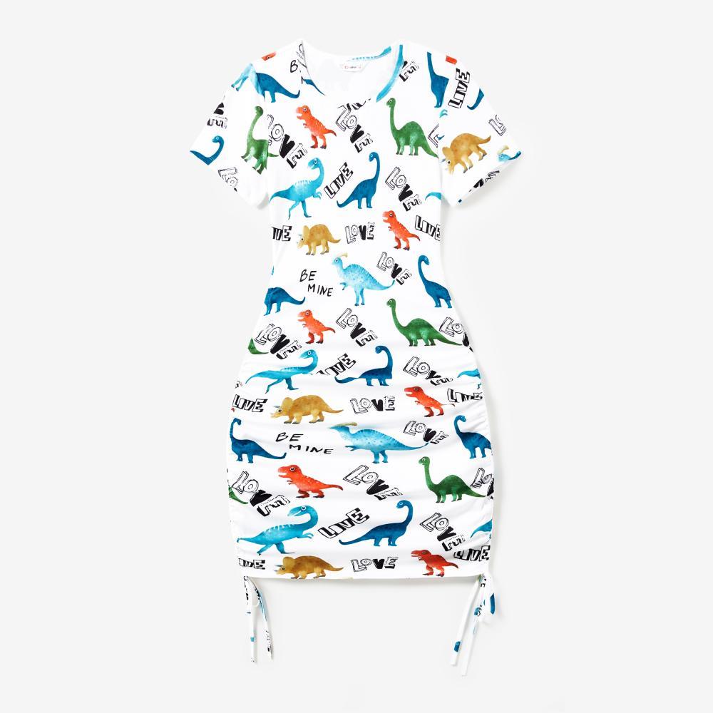 PatPat Family Matching Allover Dinosaur Print Drawstring Ruched Bodycon Dresses and Short-sleeve T-shirts Sets Spingtok