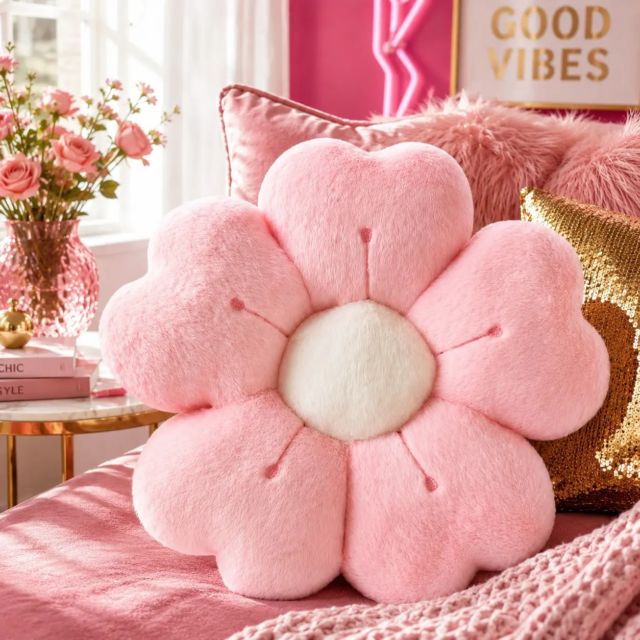 1PC Floral Pillow, Crafted From Soft Faux Rabbit Fur Material, Features Five Embroidered Petals Adorning the Cushion, Perfectly Suited for Spring and Summer Decor in Sofa, Bedroom, and Living room, A Delightful Springtime Gift for Friends and Family