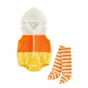Infant Baby Boy Girl Halloween Candy Corn Costume Fleece Hooded Sleeveless Zipper Bubble Romper and Striped Stockings Set 0-18 Months