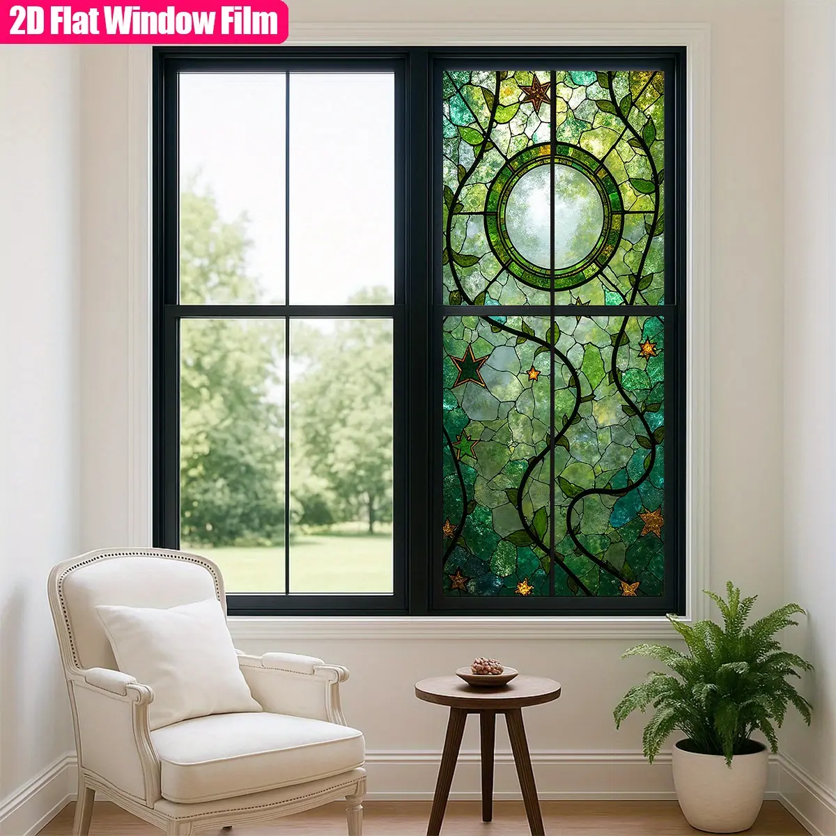 1pc Frosted Stained Glass Window Film with Stars and Leaves Design - Non-Adhesive PVC Decal Window Decals for Home Decor, Perfect for Bathroom, Kitchen, Office, and Living Room, Bathroom Window Decor|Decorative Window Film|Easy Application