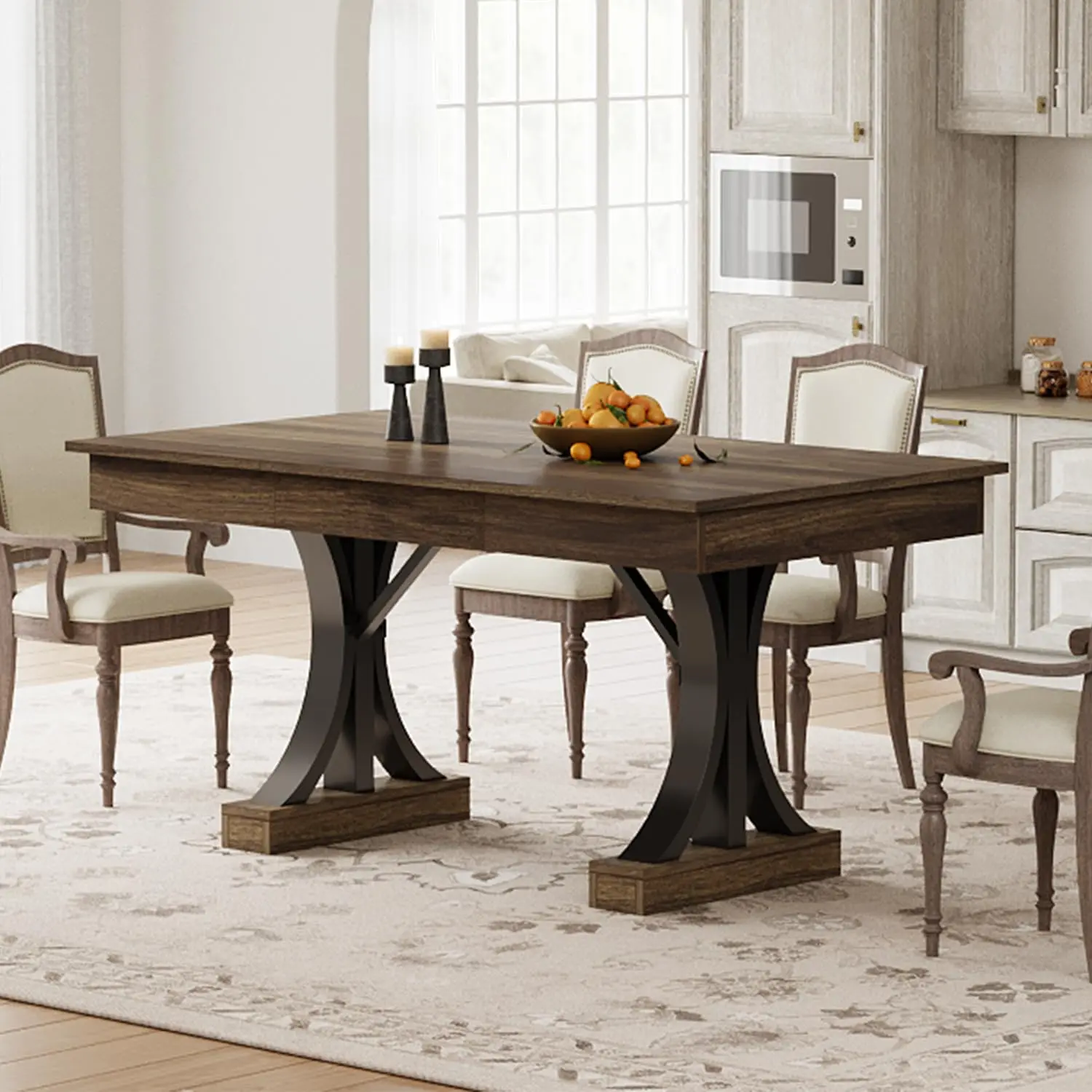 71-Inch Industrial Look Rectangular Dining Table - 6-8 Seats, Double Pedestal Sturdy Frame, 2 Drawers, Indoor Kitchen Use (Only Table)