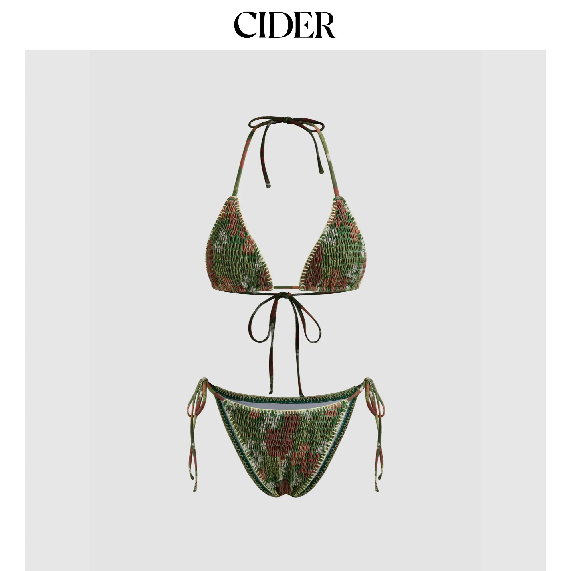 Cider Halter Neckline Shirred Floral Triangle Tie Side Bikini Set