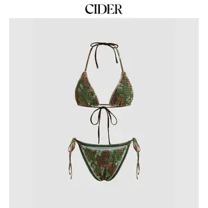 Cider Halter Neckline Shirred Floral Triangle Tie Side Bikini Set