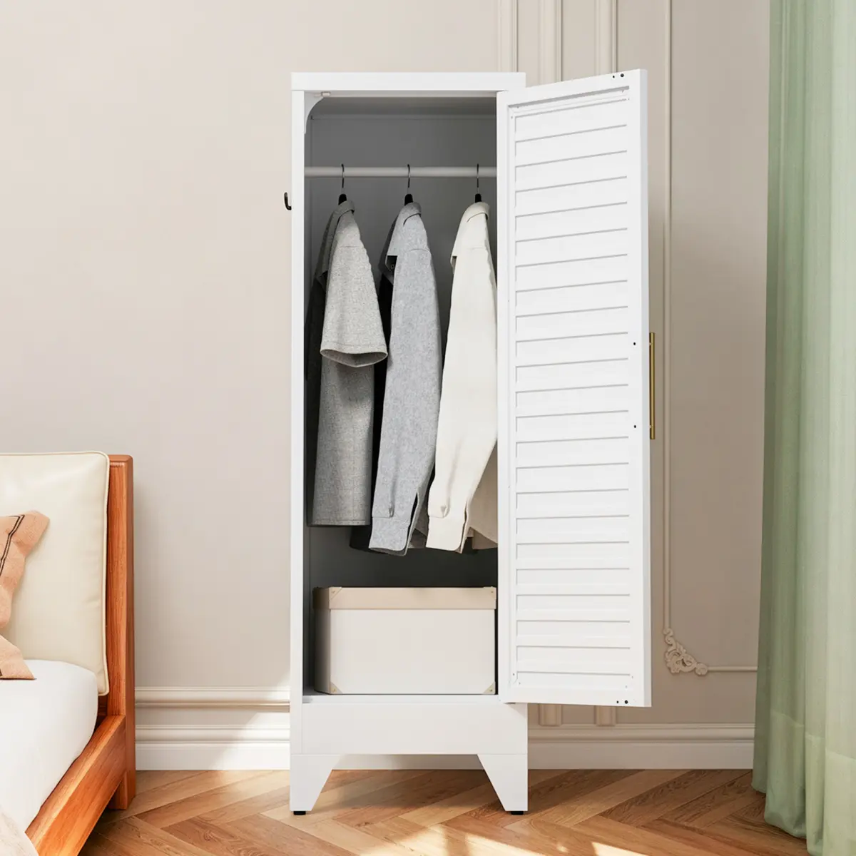 47.2" Narrow Metal Storage Closet with Single Louvered Door, Freestanding Slim Wardrobe Cabinet with Anti-Tip Kit & Hanging Rail,  Lightweight Closet for Small Apartments, Dorm, Renters On-Site