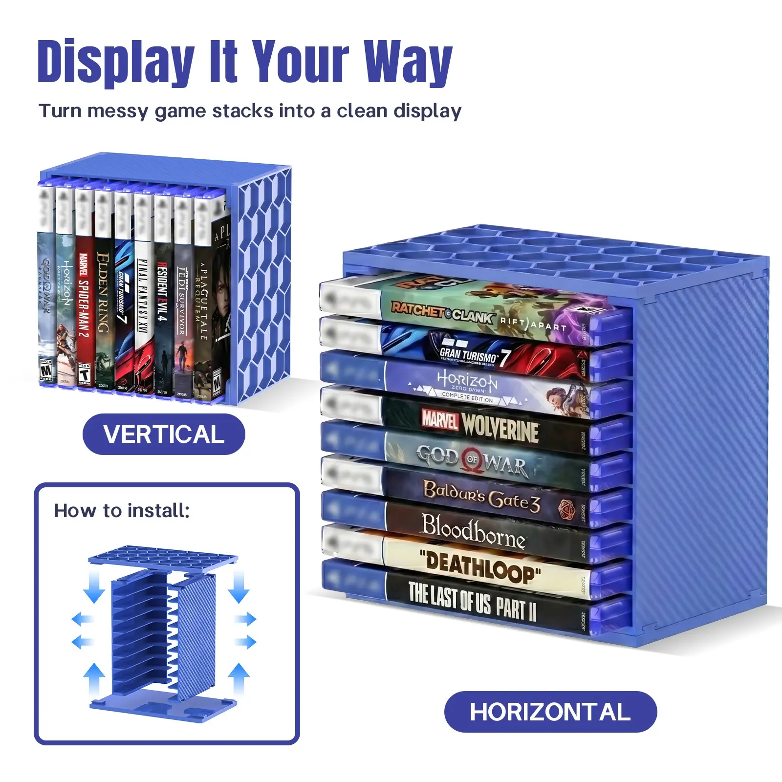 Modular Stackable Game Storage Rack, 12 Stickers, Dual Vertical and Horizontal Game Box Holder for Ps5, Ps4, Switch, Xbox X/s, Game Room Organizer