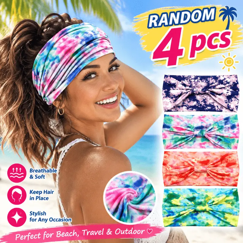 4 Pcs Women's African Style Tie Dye Printed Headband, Yoga Breathable Elastic Sports Fitness Wide Edge Sweat Absorbing Headband
