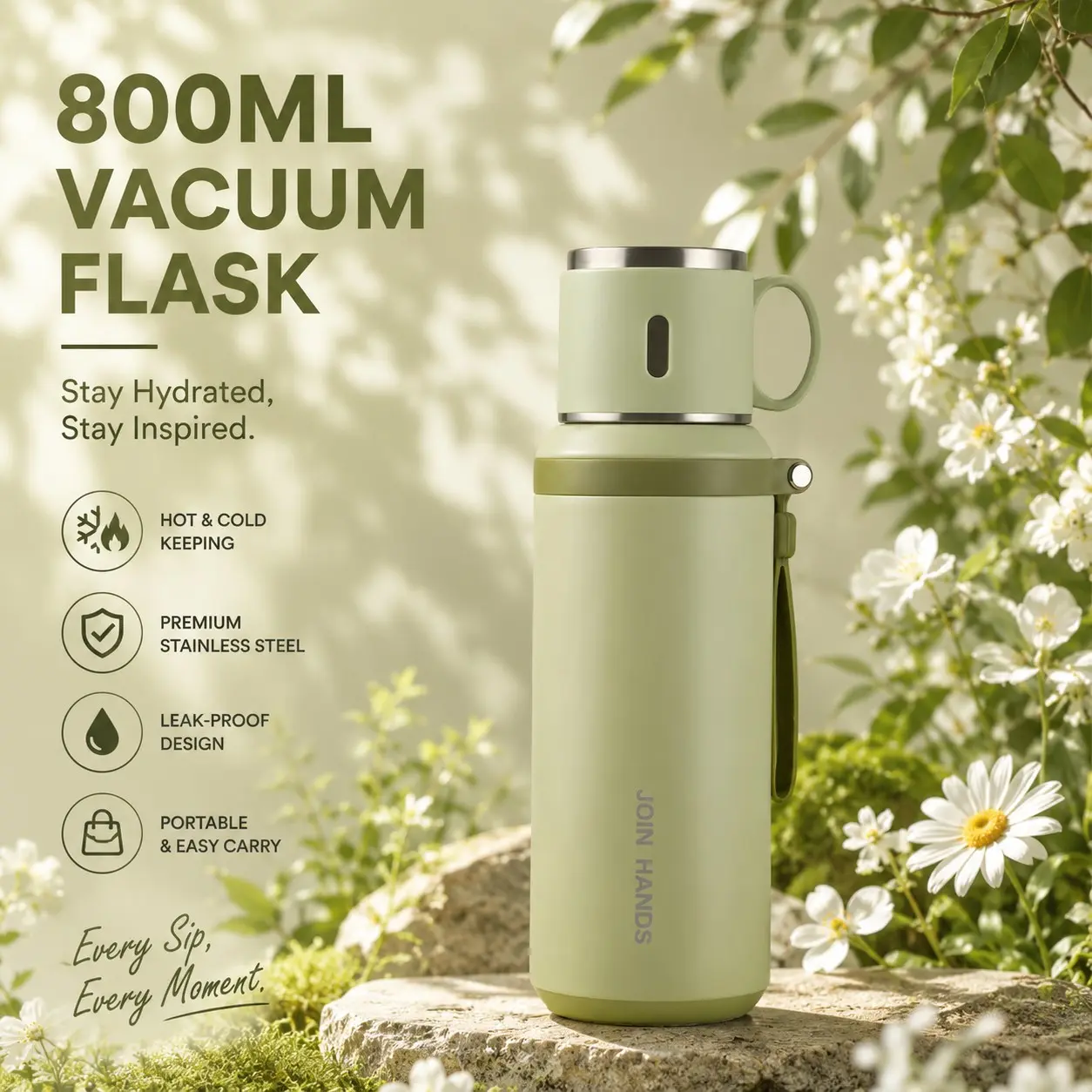 800ML/27oz Stainless Steel Vacuum Insulated Water Bottle Flask, 24h Hot/cold Retention, Leakproof, Detachable Lid, Portable Lanyard, Ideal for Outdoor Activities