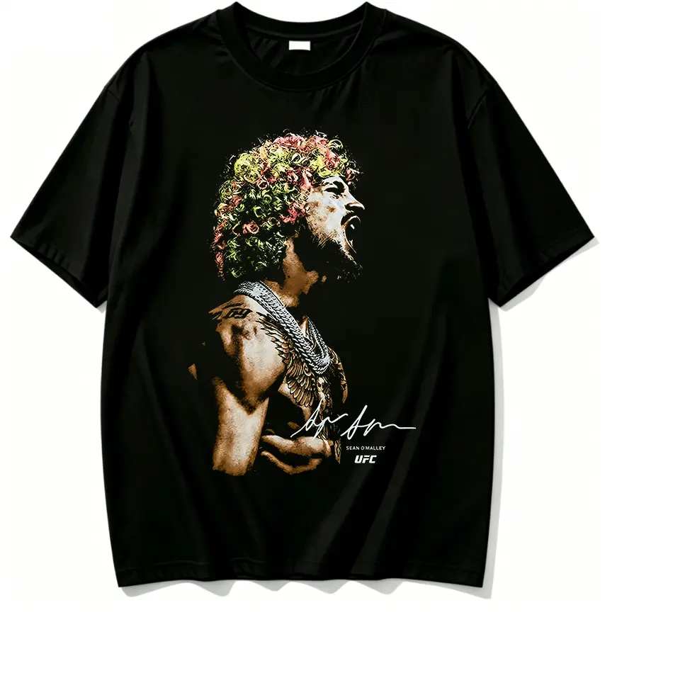 100% Cotton UFC Fighter Sean O'Malley Colorful Curly Hair Tattoo Portrait Signature Graphic T Shirt Retro Combat Sports Athlete Art Print Soft Breathable Cotton Short Sleeve MMA Fan Casual White Tee