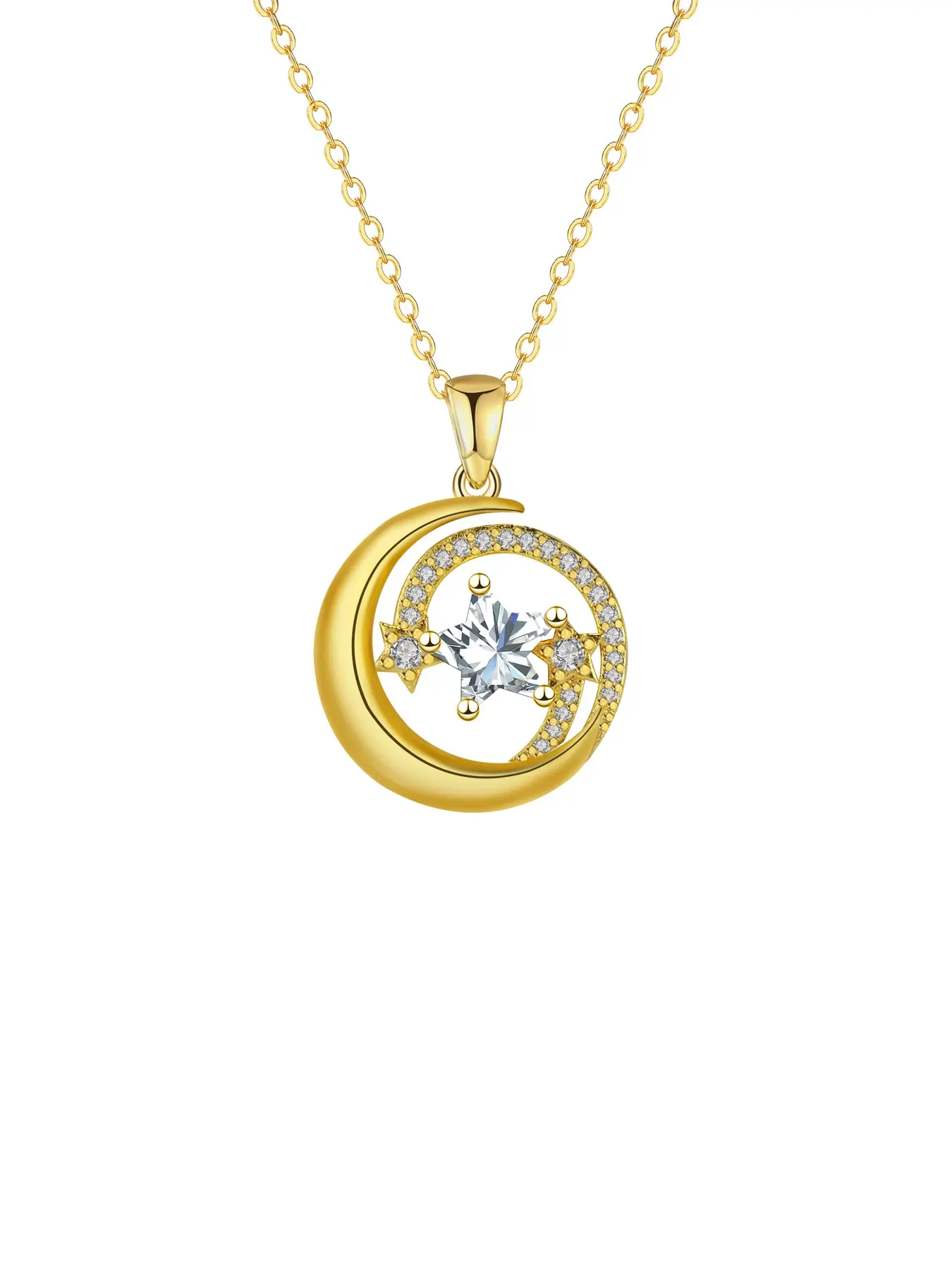 18k Gold Plated Crescent Moon Star Necklace, Sparkling Zircon Stardust Pendant, Women's Gift Jewelry, Elegant Fashion Accessory