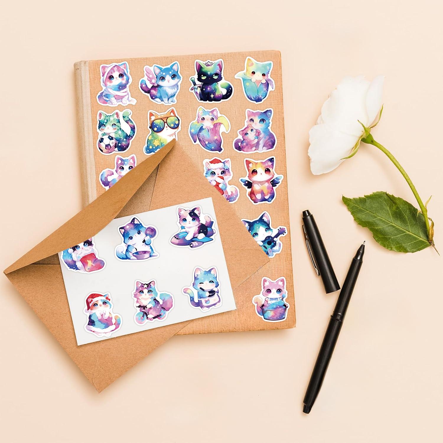 100 Pcs Galaxy Cat Stickers, Cute Starry Sky Cosmic Kitten Vinyl Decals for Water Bottle Laptop Scrapbook Journal, Gifts for Cat Lovers Kids  Taking my laptop to outer space with these aesthetic cosmic cat stickers!🚀🐾 100 pieces of pure magic!