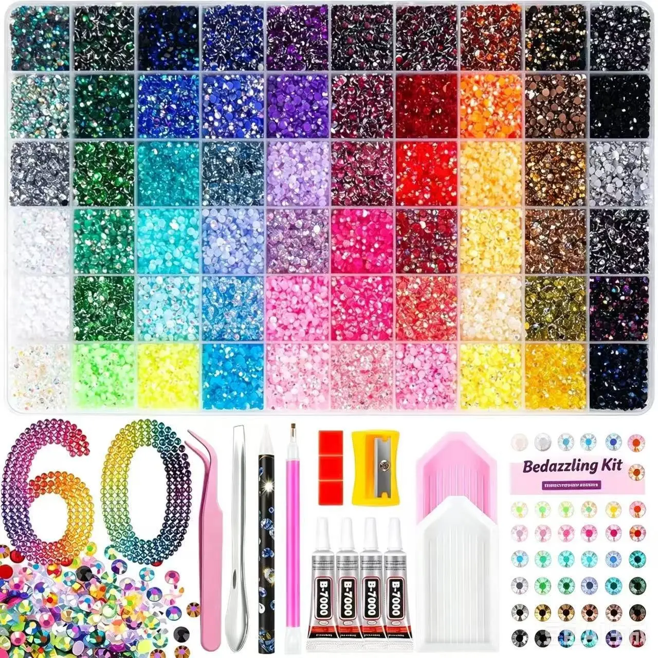48,000Pcs 60 Colors Bedazzling Kit, 3mm Resin Jelly Flatback Rhinestones | Complete Bedazzler Kit with 40ml B7000 Glue & All Tools, Perfect for DIY Crafts, Diamond Art & Decorating