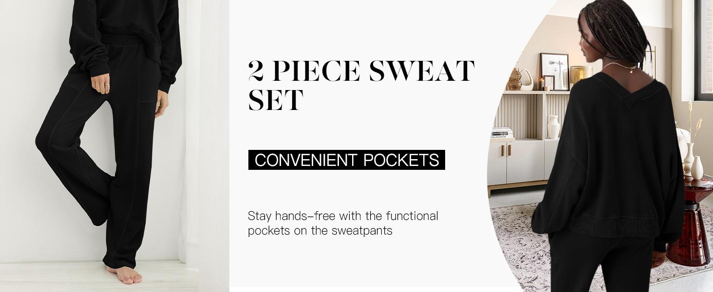 Imily Bela Womens 2 Piece Outfit Lounge Set V Neck Sweatshirt High Waist Pants With Pockets Casual Loose Tracksuits