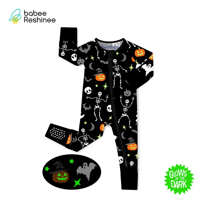 babee Reshinee Premium Soft Bamboo Baby Footie Pajama (0-24M) - Infant Baby Clothing Bodysuit, Halloween Animals Themed Zipper Sleep & Play Romper for Boys Girls, 2-Way Zipper, Fold-Over Mittens, Gripped Foot Cuffs, Tagless Convertible All-Season