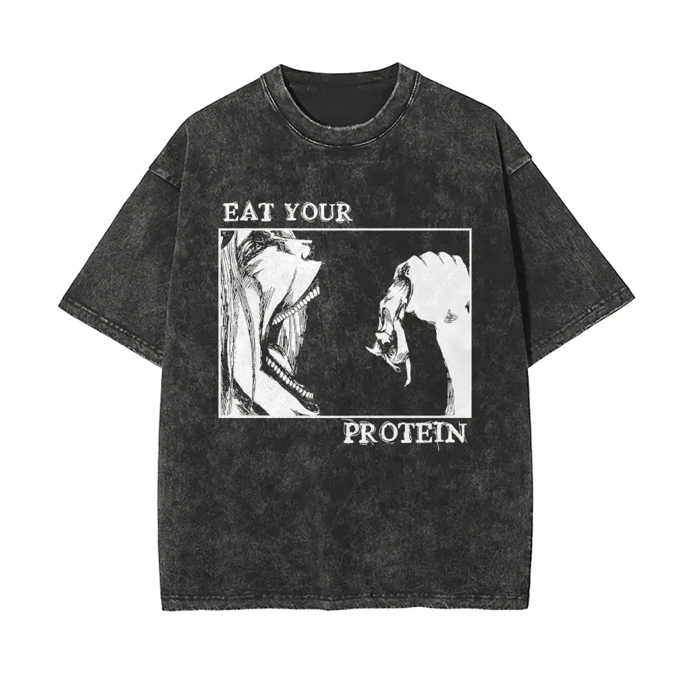 Menswear Mineral Wash Streetwear Round Neck Short-Sleeve Cotton T-Shirt - Oversized Relaxed Fit, Attack on Titan Retro Fitness Meme Artwork Print, Casual Apparel for Friend Reunions, Night Travel, Shortsleeve