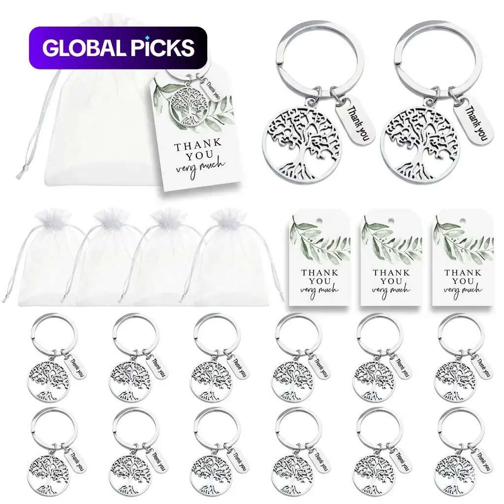 Tree of Life Key Ring Gift Set, 20pcs Leaf Thank You Cards, 20pcs Organza Bags, 20pcs Hollow Metal Keychains, Zinc Alloy Keychain, Thanksgiving, Keychain Accessories #GLOBAL PICKS