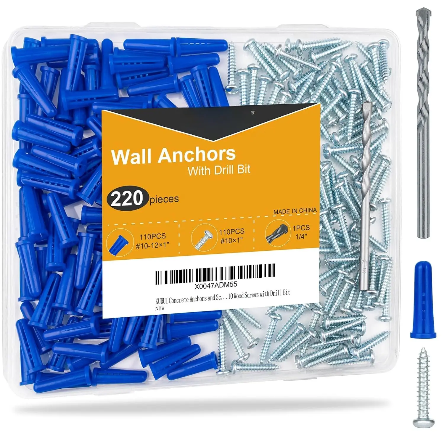 #10-12 Wall Anchors and Screws Kit, 220 count Drywall Anchors for Drywall Brick Masonry Stucco Concrete, 110 Plastic Concrete Anchors and 110  Screws, Drywall Anchors for Picture, Curtain Rod