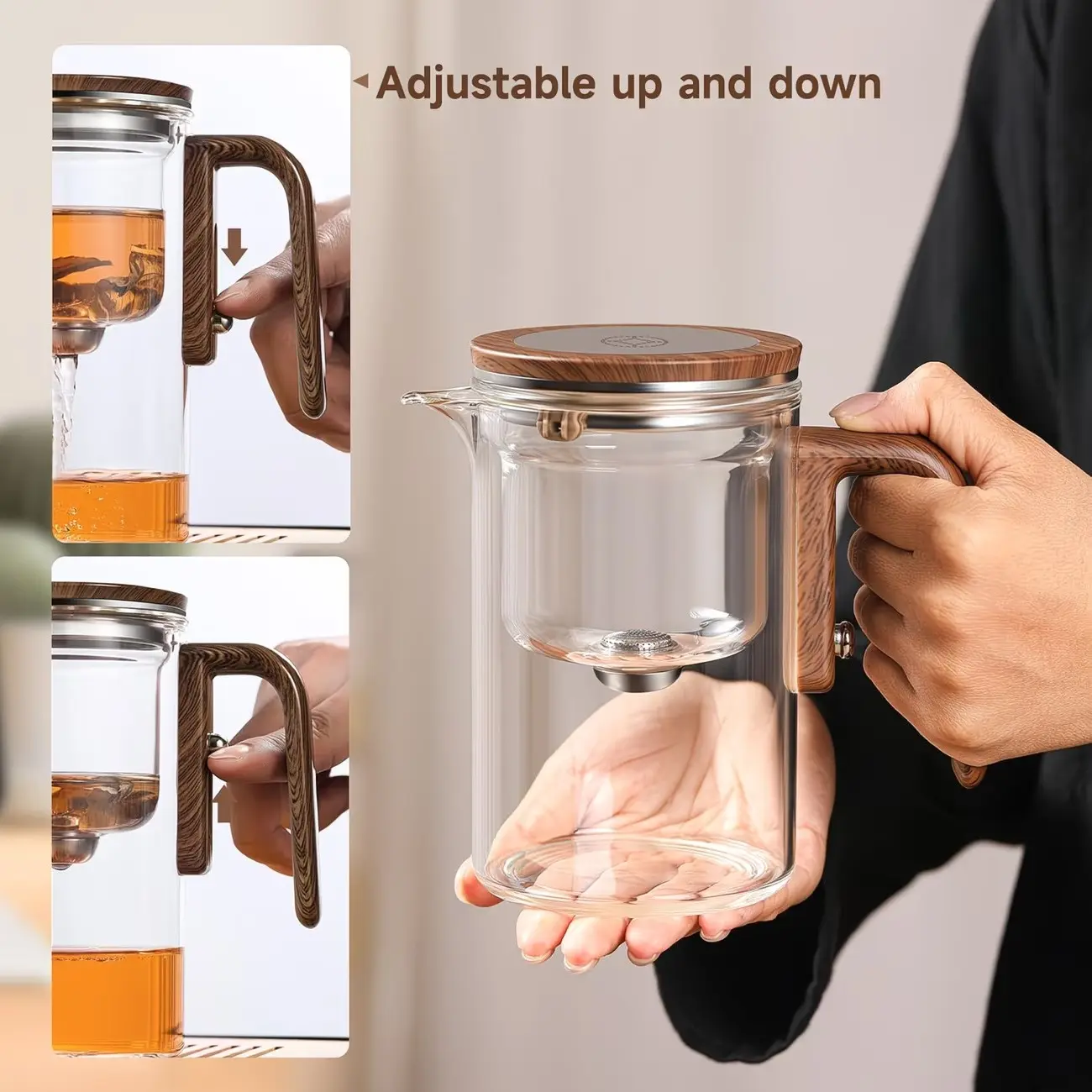 Glass Teapot with Magnetic Separation Infuser, Removable Glass Liner Loose Leaf Tea Steeper, Wooden Handle Water Separation Tea Pot, Heat Resistant Borosilicate Drinkware, Elegant Tabletop Decor, Easy To Clean Daily Household Accessory for Tea Lovers