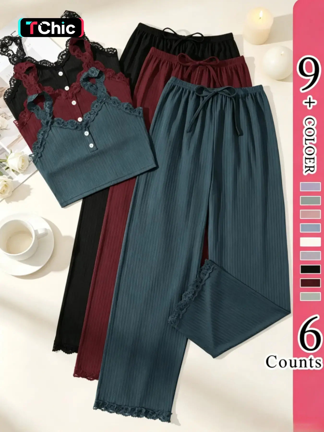 6-Piece Lace Trim Casual Tank Top and Pants Set, Ribbed Multi-Color Pajama Set, V-Neck Cami and Elastic Waist Long Pants, Women's Sleepwear