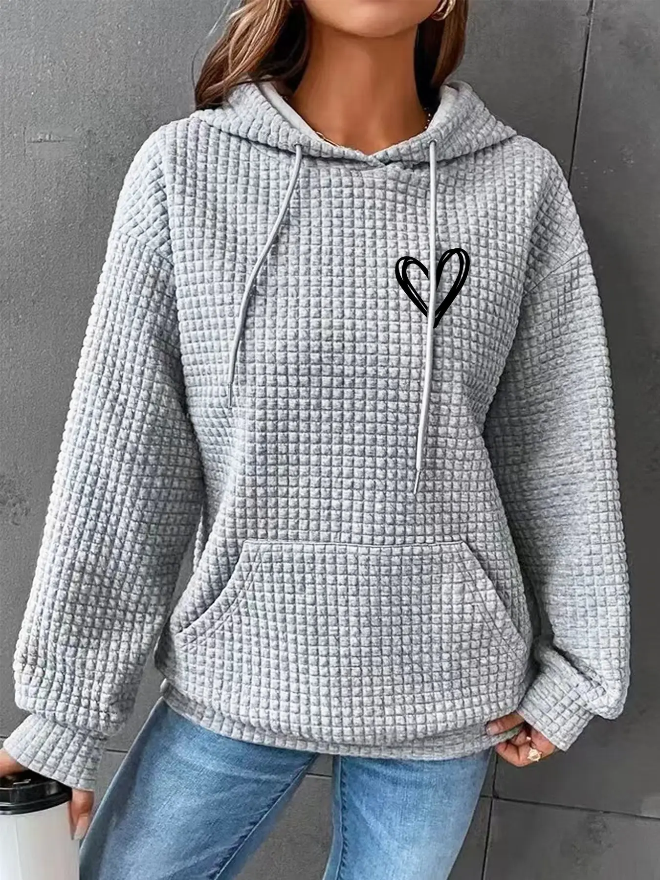 Women's Casual Hooded Sweatshirt, Casual Fashion Sweatshirt, Heart Print Design, Comfortable Pullover, Front Pocket, Long Sleeve, Fall & Winter