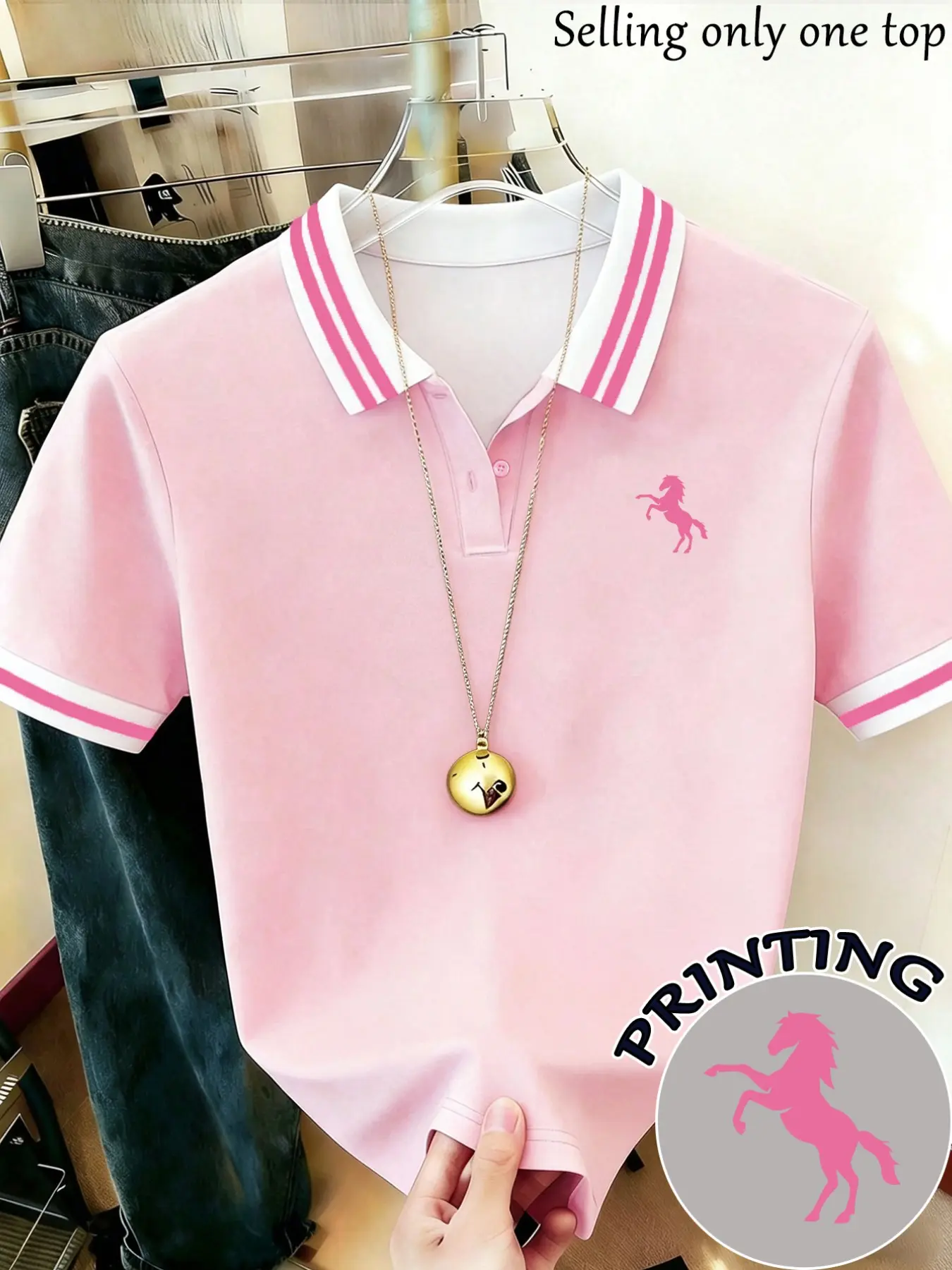New Season Colorblock Striped Collar Polo Shirt, Simple Horse Pattern Print Short Sleeve Women's T-Shirt, Casual Everyday Daily Wear Top