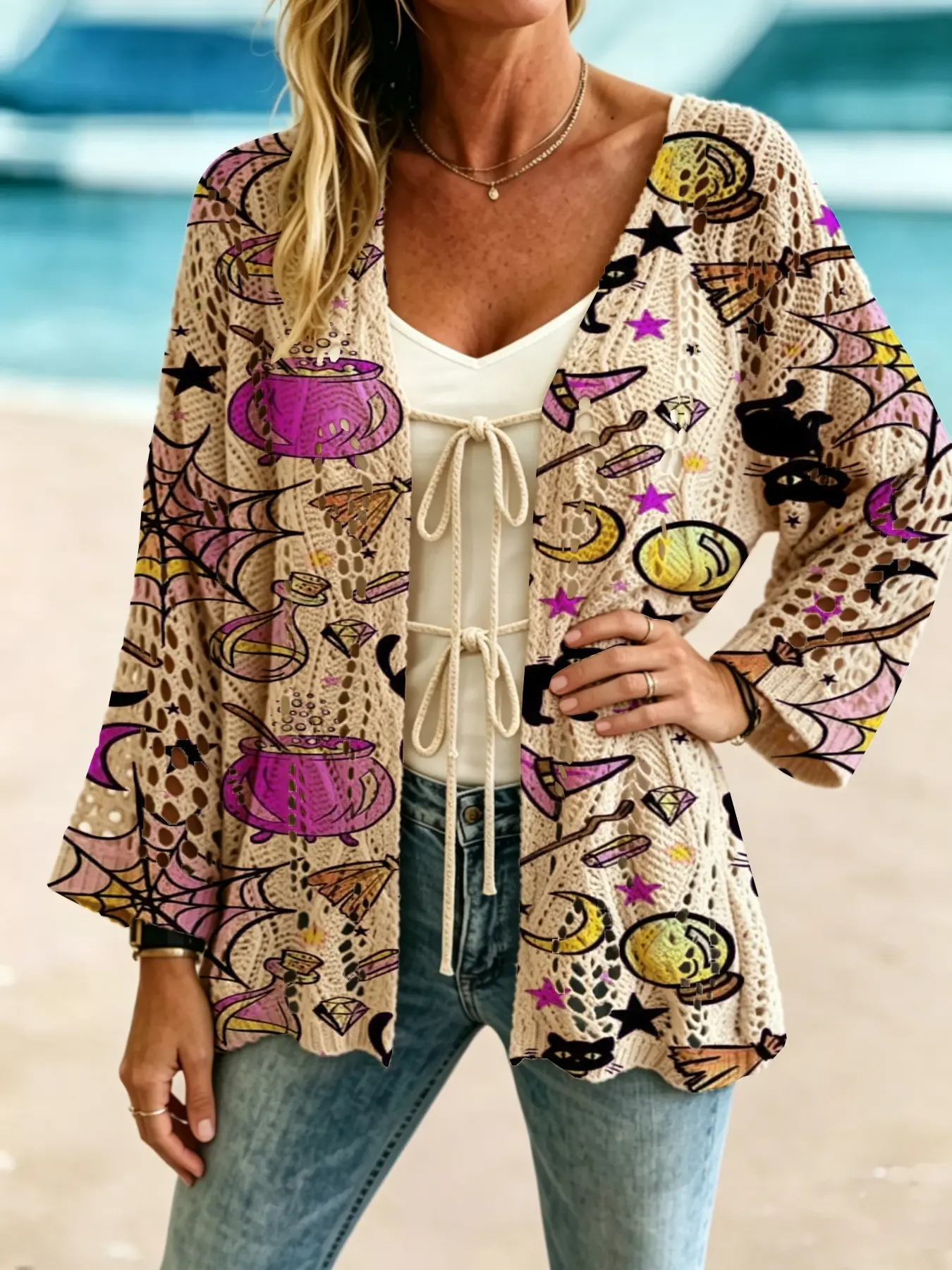 Women's Elegant Halloween Cartoon Cat Print Long Sleeve Knit Cardigan, Casual Breathable Knitted Sweater, Spring Summer Fall Clothing