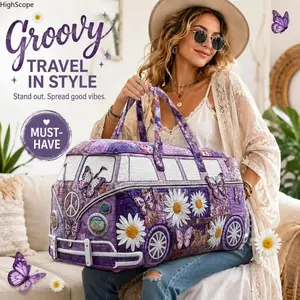 Retro Hippie Van Quilted Duffel Bag, Purple Butterfly Floral Large Capacity Women's Tote Bag, Vintage Overnight Carry-On Luggage