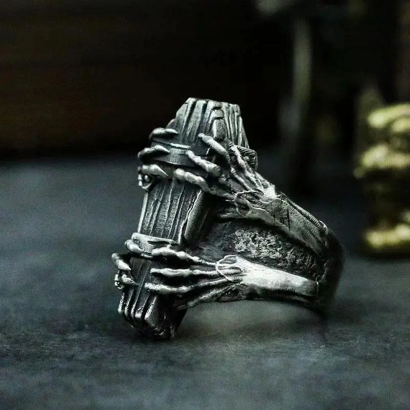 Vintage Silver Adjustable Unisex Macabre Style Ring - Coffin, Ghost Claw, Vampire Design, Funky Alternative Artistic Rings, Devil-Made Opening Costume Jewelry for Engagement